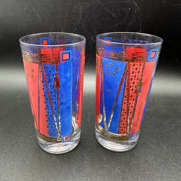 Georges Briard Glasses Gold Barware Tall Highball Patriotic Red Blue MCM Eagle - Picture 13 of 15